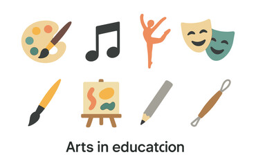 Creative arts in education icons set - flat style: palette, music note, dance, theater, brush, easel. Vector icons