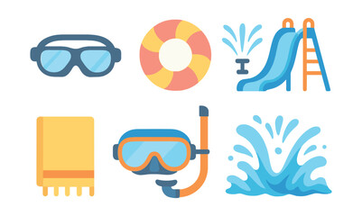 Poolside essentials icon set: dive into summer fun with stylish flat design. Vector icons