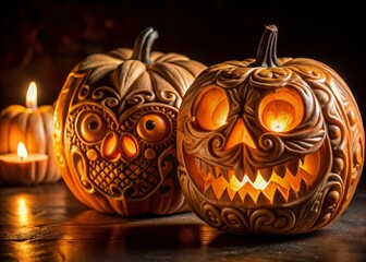 Spooky Halloween Carved Pumpkins Glowing with Candlelight in the Dark