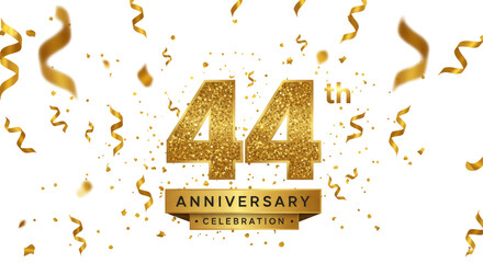 44th Year Anniversary celebration With Falling Golden Confetti and balloons isolated on transparent background, PNG  