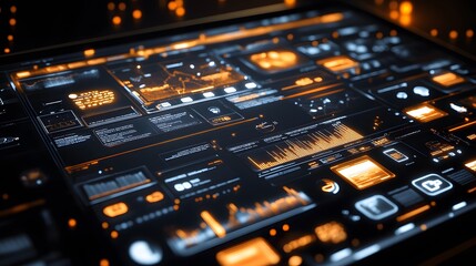 Close-up of a futuristic digital interface displaying various data charts, graphs, and information in vibrant orange and blue hues.  The screen is sleek and modern, suggesting advanced technology.