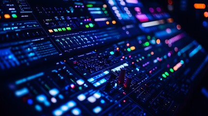 Obraz premium Close-up of a vibrant, illuminated sound mixing console. Buttons, knobs, and displays glow in the dark, showcasing intricate audio technology.
