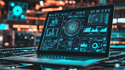 Fototapeta premium A laptop displays a futuristic, teal-colored interface filled with data visualizations, graphs, and charts. The background is blurred, suggesting a technological or industrial setting.