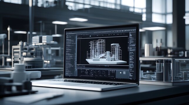 A laptop displays a 3D architectural model in a modern, minimalist workspace. The background is a blurred out lab or design studio, suggesting technological innovation and creativity.