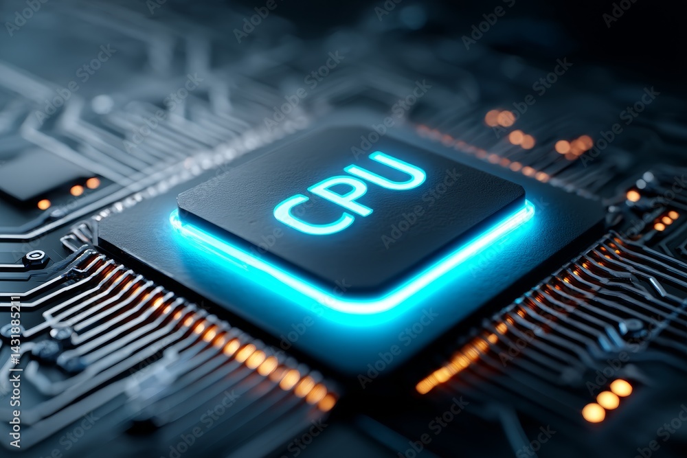 Poster watercolor glowing cpu on circuit board - a vibrant watercolor- depicting a glowing cpu on a circuit