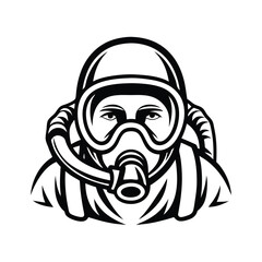 Monochrome Portrait Man Wearing a FullFace Respirator Mask & Protective Gear Outline