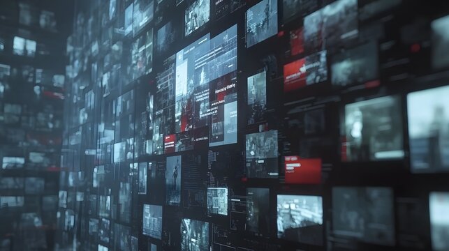 Abstract digital wall of countless screens displaying news headlines, videos, and data streams. Futuristic concept of information overload and data visualization.