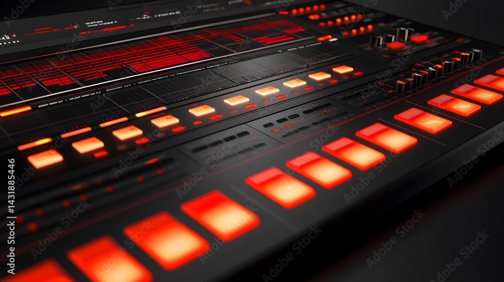 Poster close-up of a futuristic music synthesizer with illuminated red buttons and digital display. sleek b