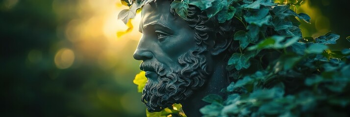 Stone bust in sunlit garden.
