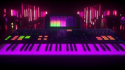 Synth keyboard with vibrant purple lighting against a backdrop of pink neon lines.  The screen displays a waveform, suggesting music production.