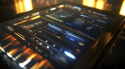 Close-up of a futuristic tablet displaying dynamic data graphs, charts, and numerical information.  Illuminated interface shows complex financial or technological analysis.