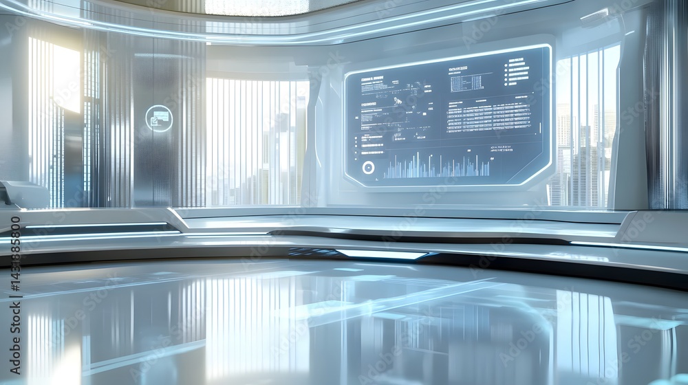 Poster futuristic white room with large screen displaying data. modern, sleek design with city view. ideal 
