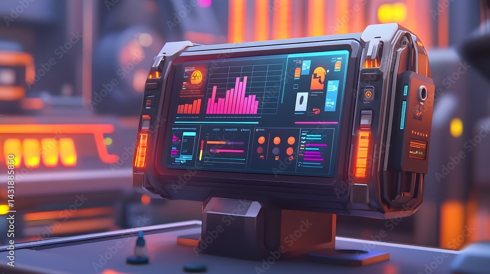 Poster futuristic computer monitor displaying data graphs and charts in a sci-fi setting. orange accents il