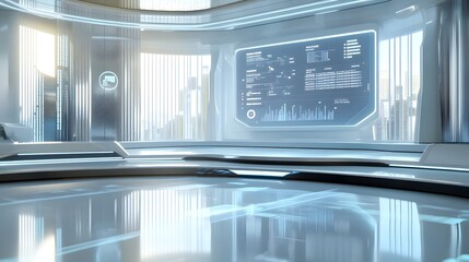 Futuristic white room with large screen displaying data. Modern, sleek design with city view. Ideal for tech, innovation, and future concepts.