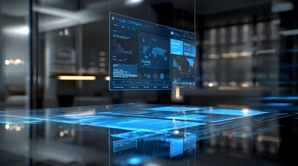 Futuristic holographic display showing data analytics, charts, and world map.  Suspended above a sleek glass table in a modern office setting.  Represents innovative technology and data visualization.