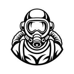 Black and White Isolated Mascot of Person Wearing Hazmat Suit and Gas Mask