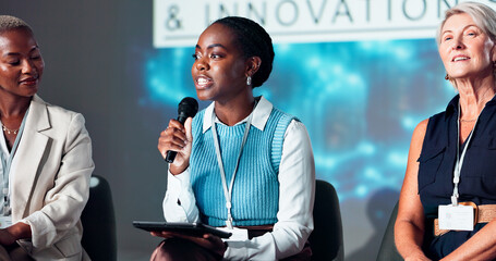 Business women, speaker and microphone for seminar, presentation and audience for conference or...