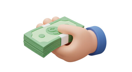 3D cartoon hand holds dollar bills isolated on transparent background. Concept of financial operation. Payment and Cash back. Money investment and business commerce isolated, PNG 

