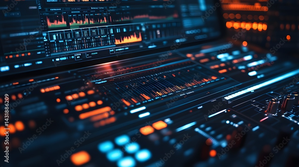 Aufkleber close-up of a futuristic digital audio workstation with glowing orange and blue interfaces. complex 