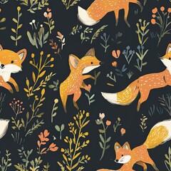 Charming Fox Pattern: Whimsical Woodland Creatures in a Dark Floral Setting