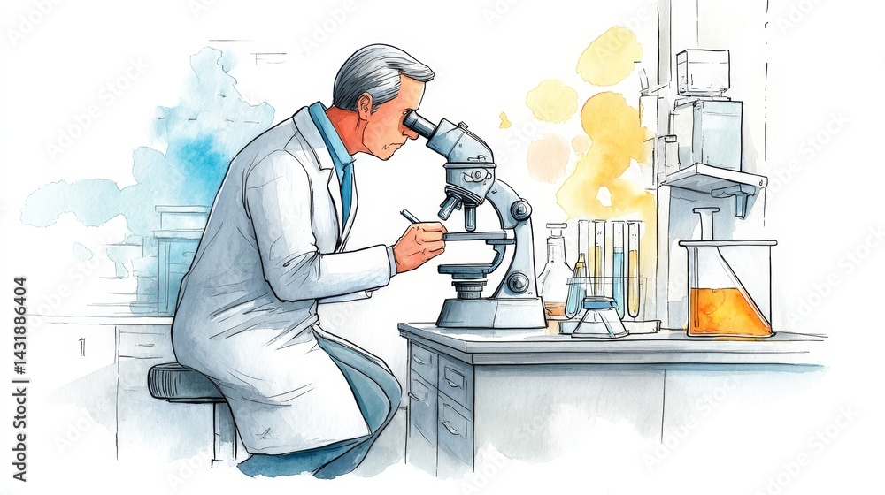 Poster watercolor scientist using microscope in lab - a scientist meticulously examines a sample under a mi