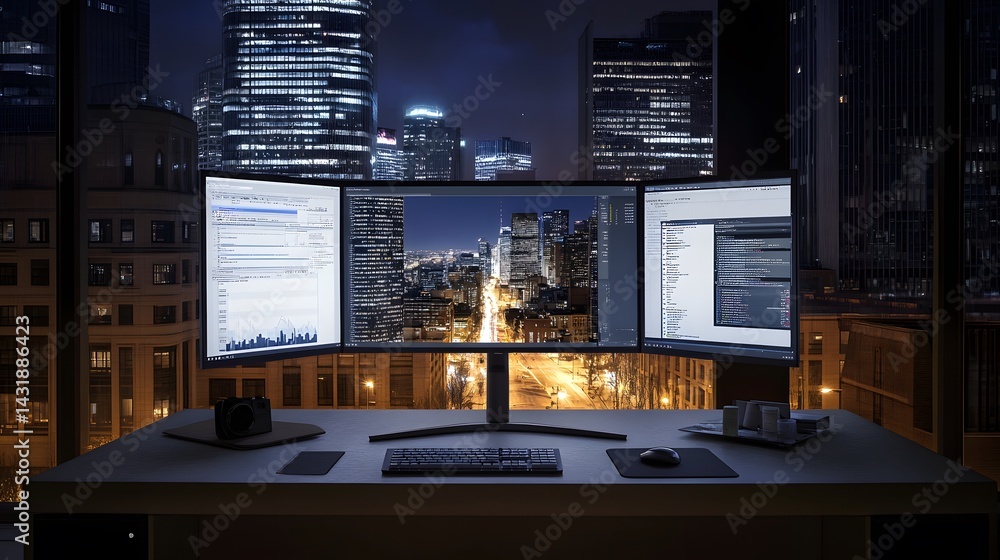 Aufkleber night cityscape view from a modern office with a triple monitor setup displaying code, data, and a s