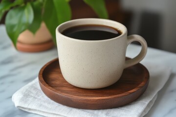 Obraz premium Warm cup of black coffee on a wooden coaster beside a green plant on a soft linen napkin