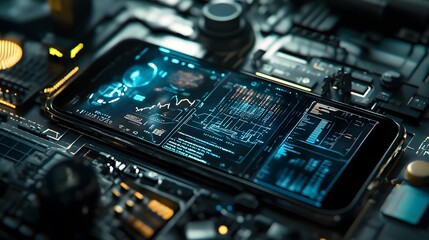 Close-up of a futuristic smartphone displaying complex data streams and graphs on a technological background.  The scene evokes themes of innovation, data analysis, and advanced technology.