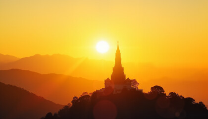 Fototapeta premium Charming pagoda silhouette at golden sunrise, essence of peace