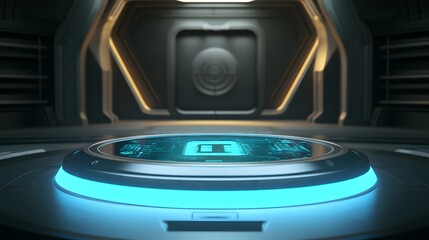 Futuristic circular platform with glowing blue light, embedded in a sleek, metallic sci-fi interior. A digital interface is displayed on the platform's surface.