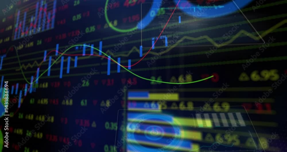 Poster animated trading interface displaying blue candlestick bars, red green trend lines, numeric values