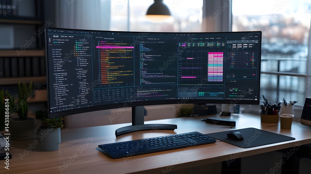 Poster a modern workspace featuring a curved ultrawide monitor displaying colorful code, a sleek keyboard, 