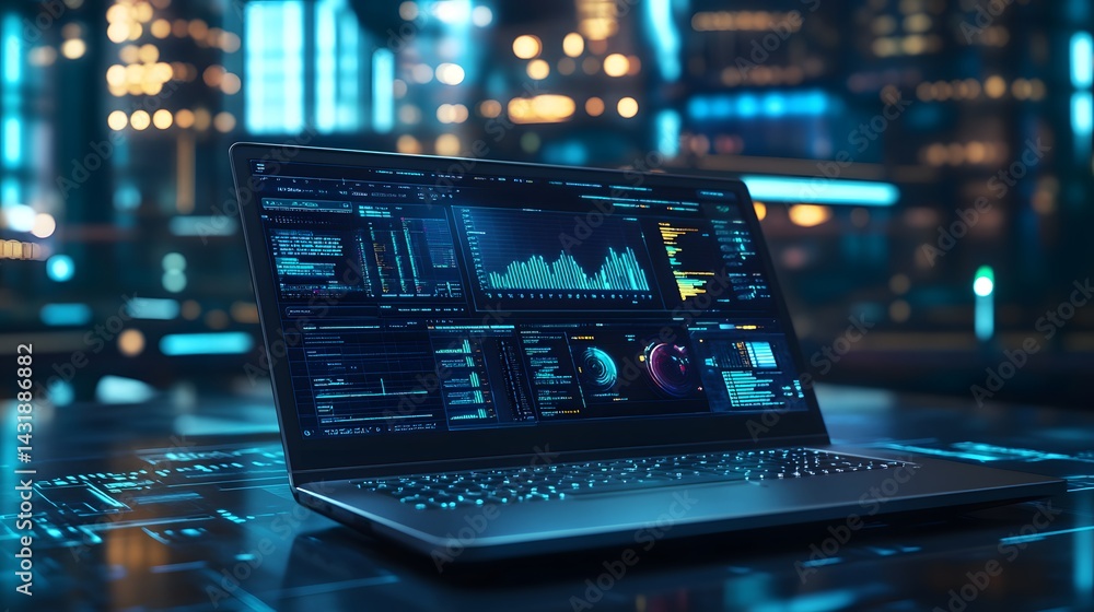 Poster a futuristic laptop displays data analytics dashboards, charts, and code snippets against a blurry c