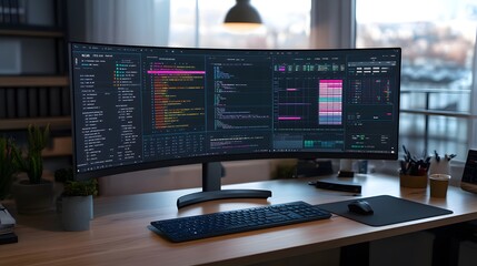 A modern workspace featuring a curved ultrawide monitor displaying colorful code, a sleek keyboard, and mouse on a minimalist wooden desk.