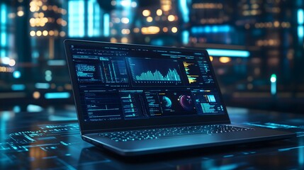 A futuristic laptop displays data analytics dashboards, charts, and code snippets against a blurry city night backdrop.