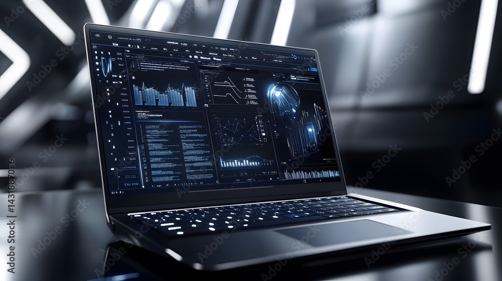 Poster a sleek laptop displays complex data visualizations, including graphs, charts, and a 3d head model. 