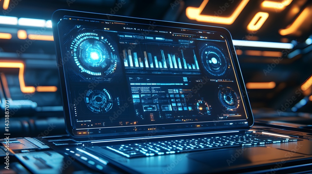 Poster futuristic laptop displaying a holographic interface with glowing blue graphs and data. set against 