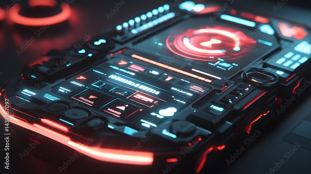Aufkleber close-up of a futuristic, sleek device with a vibrant red and blue interface. buttons, dials, and gl