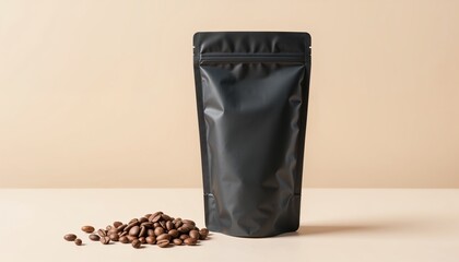 Black matte coffee pouch with zip lock and scattered coffee beans on neutral beige background, modern mockup for product branding and packaging design