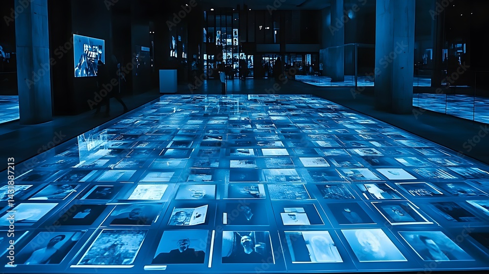 Poster a modern art installation features a floor illuminated with numerous embedded images, creating a mes