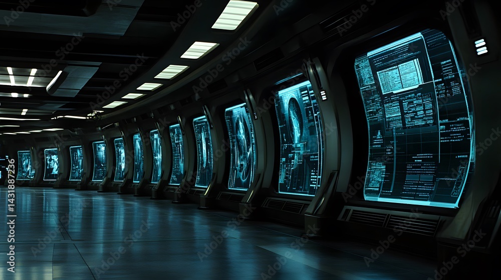 Poster futuristic spaceship corridor with numerous large screens displaying data and information. sleek, da