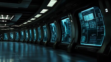 Futuristic spaceship corridor with numerous large screens displaying data and information. Sleek, dark design with glowing cyan interfaces. Sci-fi, technology, and space exploration themes.