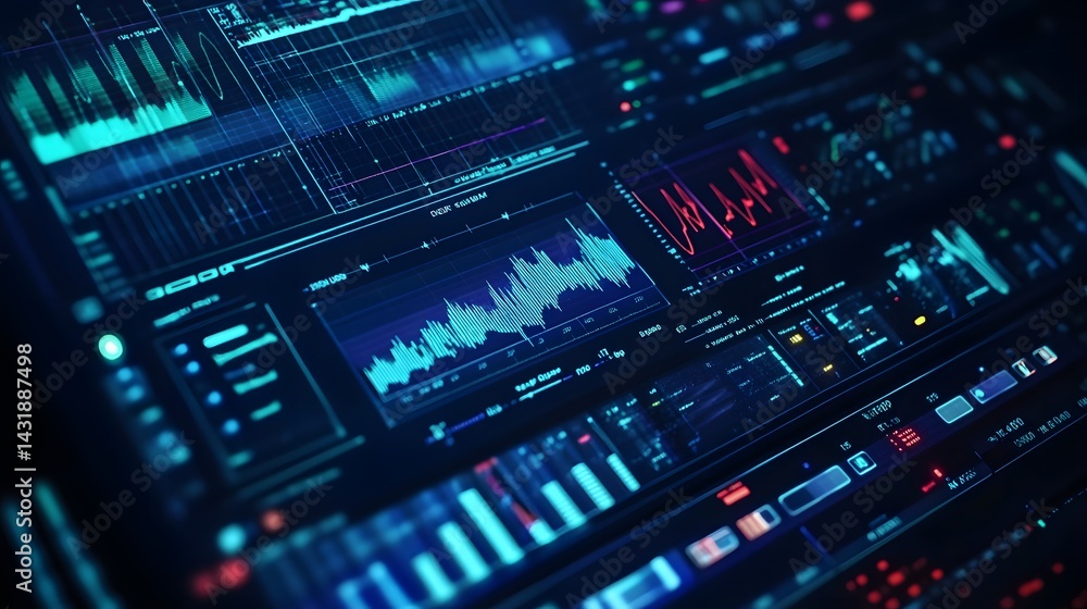 Poster close-up of a futuristic digital interface displaying various graphs, charts, and data streams.