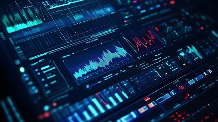 Close-up of a futuristic digital interface displaying various graphs, charts, and data streams.