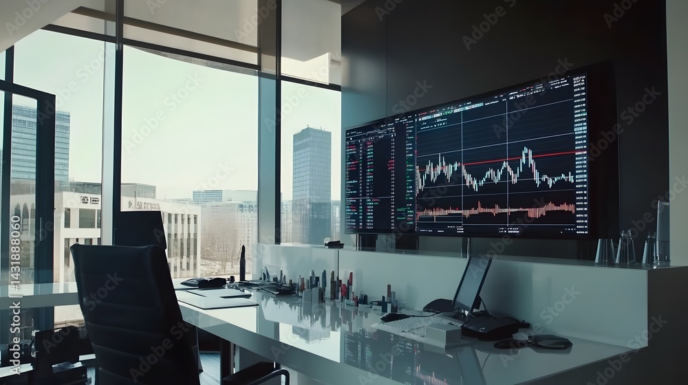 Poster modern office with large screen displaying stock market data. city view from large window. desk with