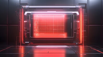 Futuristic red glowing tech device in a dark, metallic room. Sleek design with intricate details. Abstract digital interface screen displays data. Perfect for sci-fi, technology, or gaming themes.