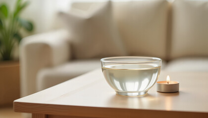 Serene glass water bowl with candle on wooden table, calming ambiance