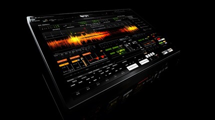 A sleek, black digital audio workstation (DAW) interface displays vibrant waveforms and various controls for music production and mixing.