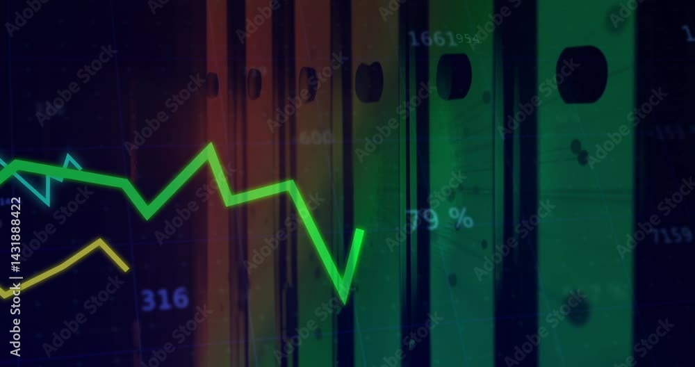 Poster green zigzag line graph moving over red-to-green gradient bars with floating numeric labels