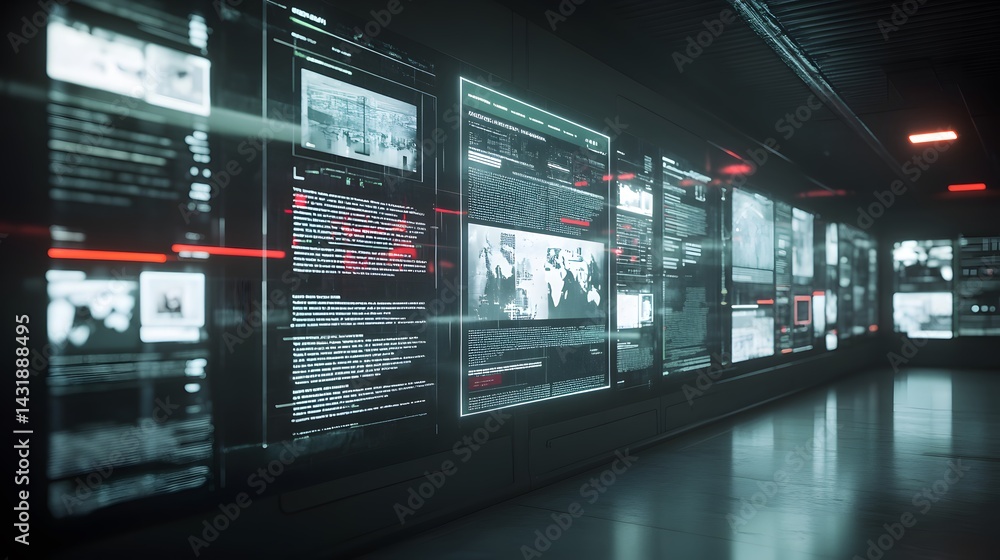 Poster futuristic hallway lined with glowing screens displaying data streams, maps, and surveillance footag